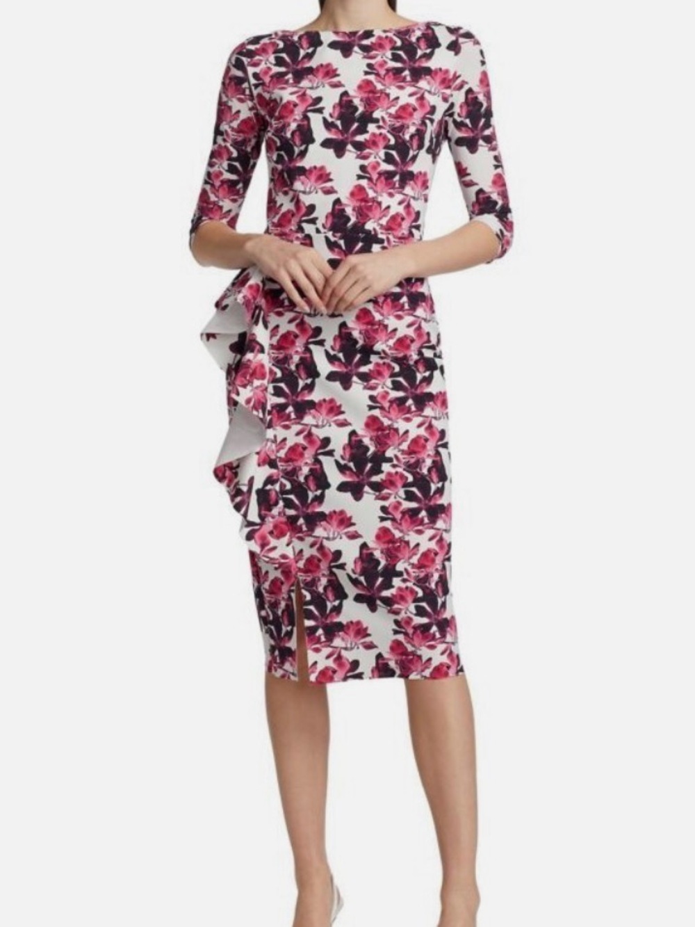 Chiara Boni Floral Midi Dress with Side Ruffle Designer Luxury Size 2